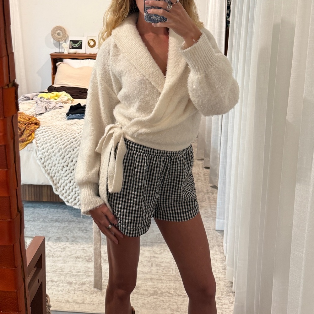 Cozy White Wrap Sweater or cardigan, with tie by 525 American.